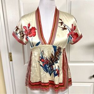 YUMI KIM 100% Silk Chinese Style Floral  Deep V-Neck Elastic Waist Y2K women’s S